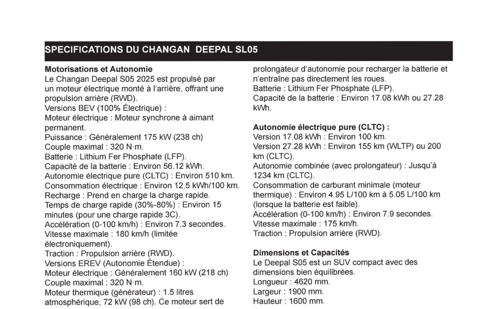 deepal s05 fiche
