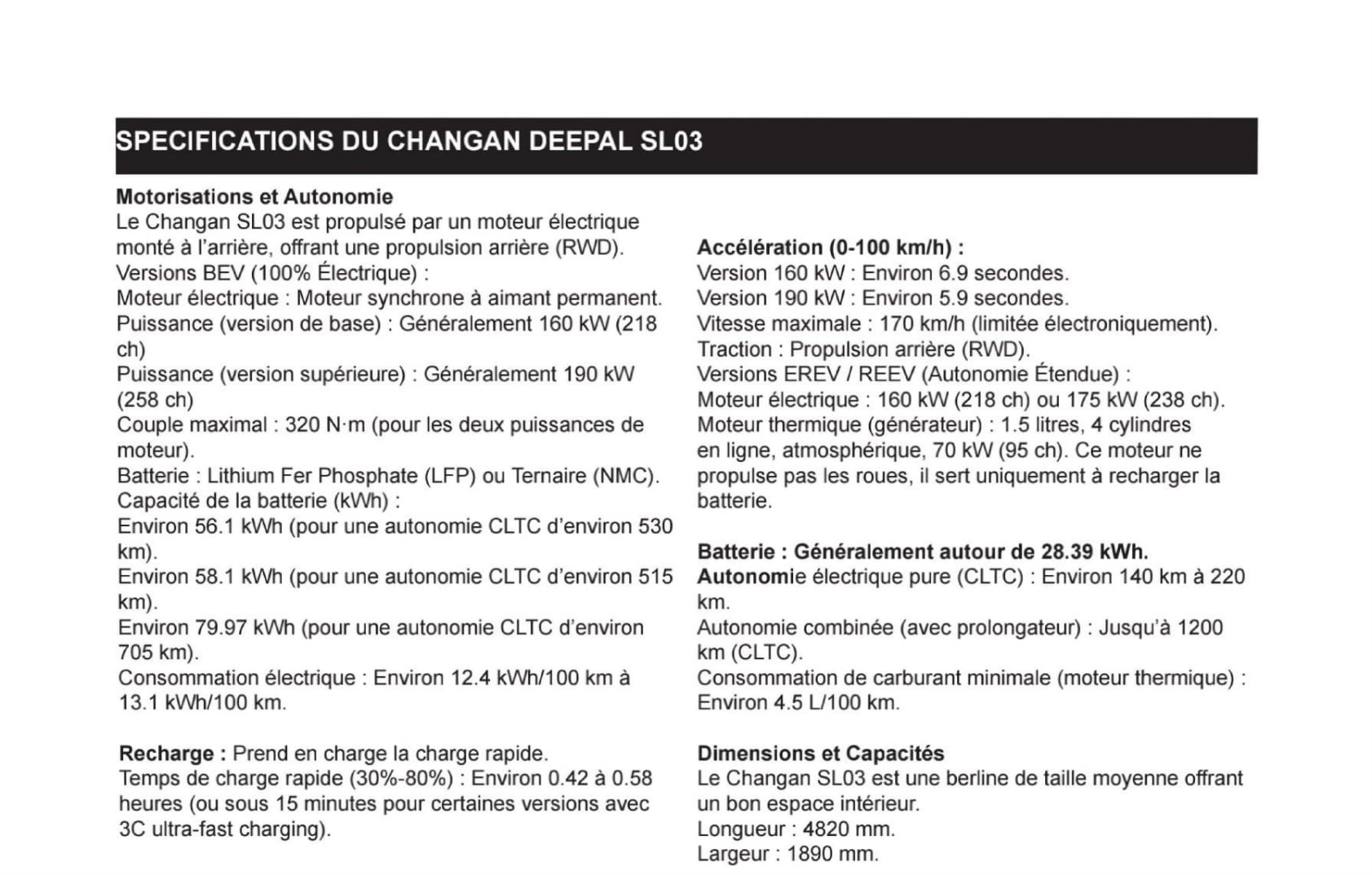 deepal sl03 fiche